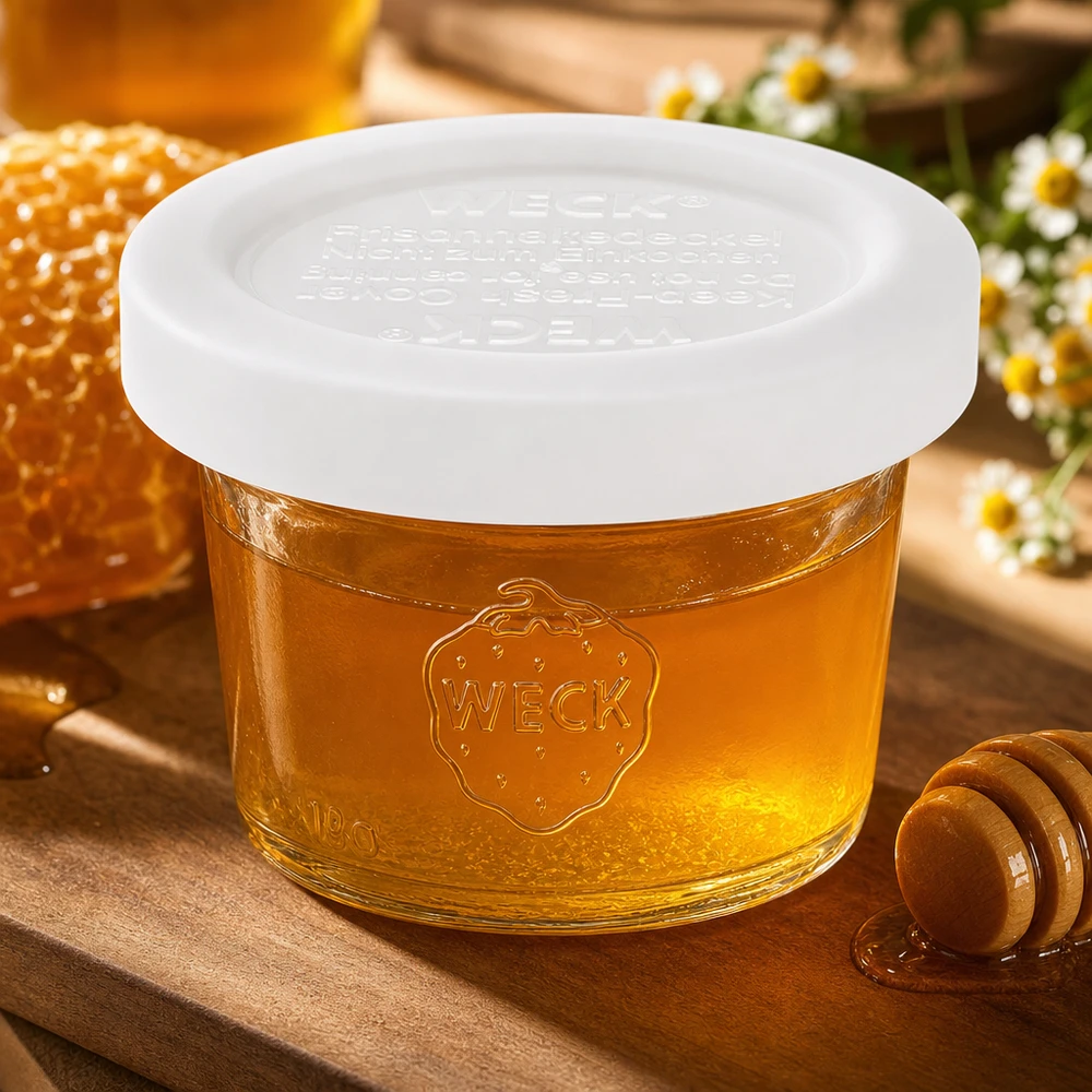 WECK Verre renversé 35ml RR40 avec miel dans un environnement naturel avec nid d'abeille et camomille, présentation authentique du produit