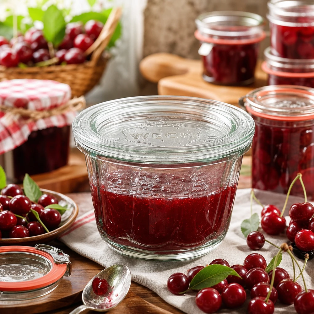 WECK Pot à kouglof RR80 rempli de confiture rouge entourée de cerises fraîches et autres bocaux de conservation