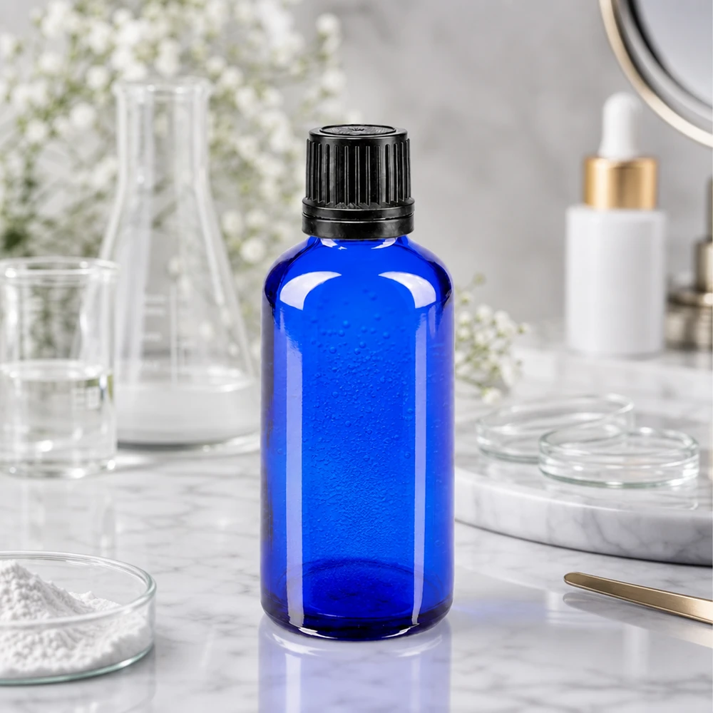 Flacon GR bleu cobalt de 50 ml muni d'un bouchon OV de 8 mm, posé sur du marbre à côté d'un ballon d'Erlenmeyer