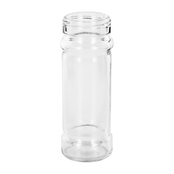 Pot à épices de forme cylindrique 100 ml avec filetage 41 mm, en verre clair sans couvercle