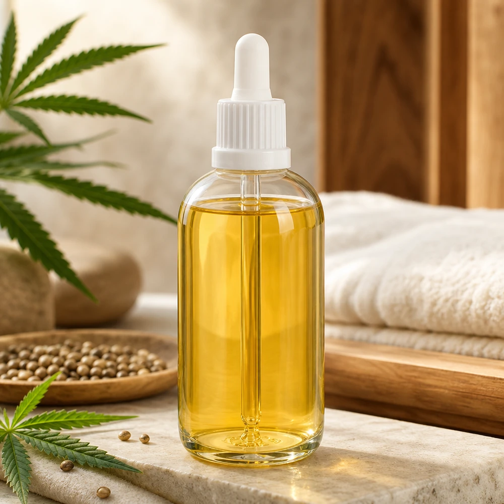 Flacon à pipette 100ml blanc OV ClearLine UT18/100 Flacon-pipette ClearLine de 100 ml avec compte-gouttes blanc et illustration de plante de chanvre, destiné aux applications à base d'huile de CBD