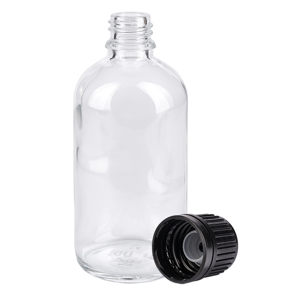 Flacon de 100ml (globule). 3mm GR s. STD ClearL. UT18/100 Flacon transparent de 100 ml en verre transparent avec un bouchon en plastique noir