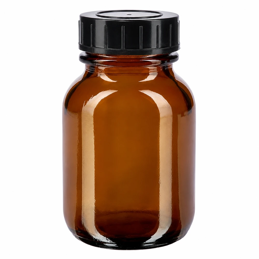 Bocal à col large en verre ambré 50 ml + couvercle à vis Bouteille à col large de 50 ml en verre brun avec bouchon à vis noir pour une conservation sûre
