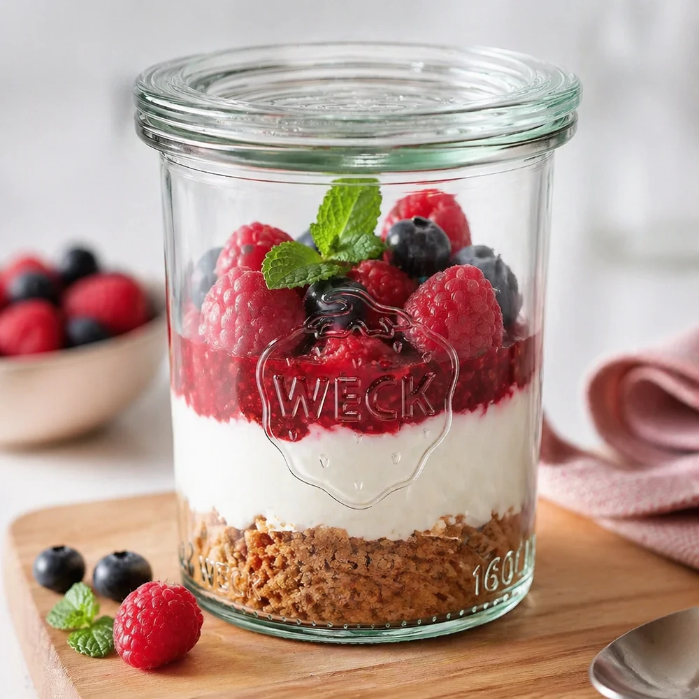 Bocal en verre de 160 ml avec couvercle en verre WECK RR60 WECK Pot renversé 160ml rempli d'un dessert à base de biscuits, de crème et de baies comme exemple d'utilisation