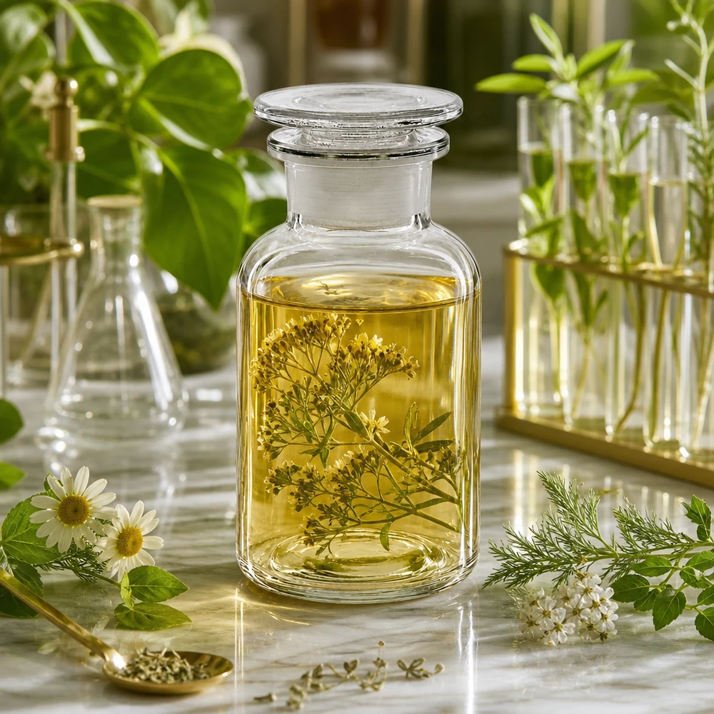 Flacon pharmaceutique 250 ml col large + bouchon verre clair Flacon cylindrique de 250 ml en verre transparent contenant une teinture d'herbes, de la marque Naturlabor