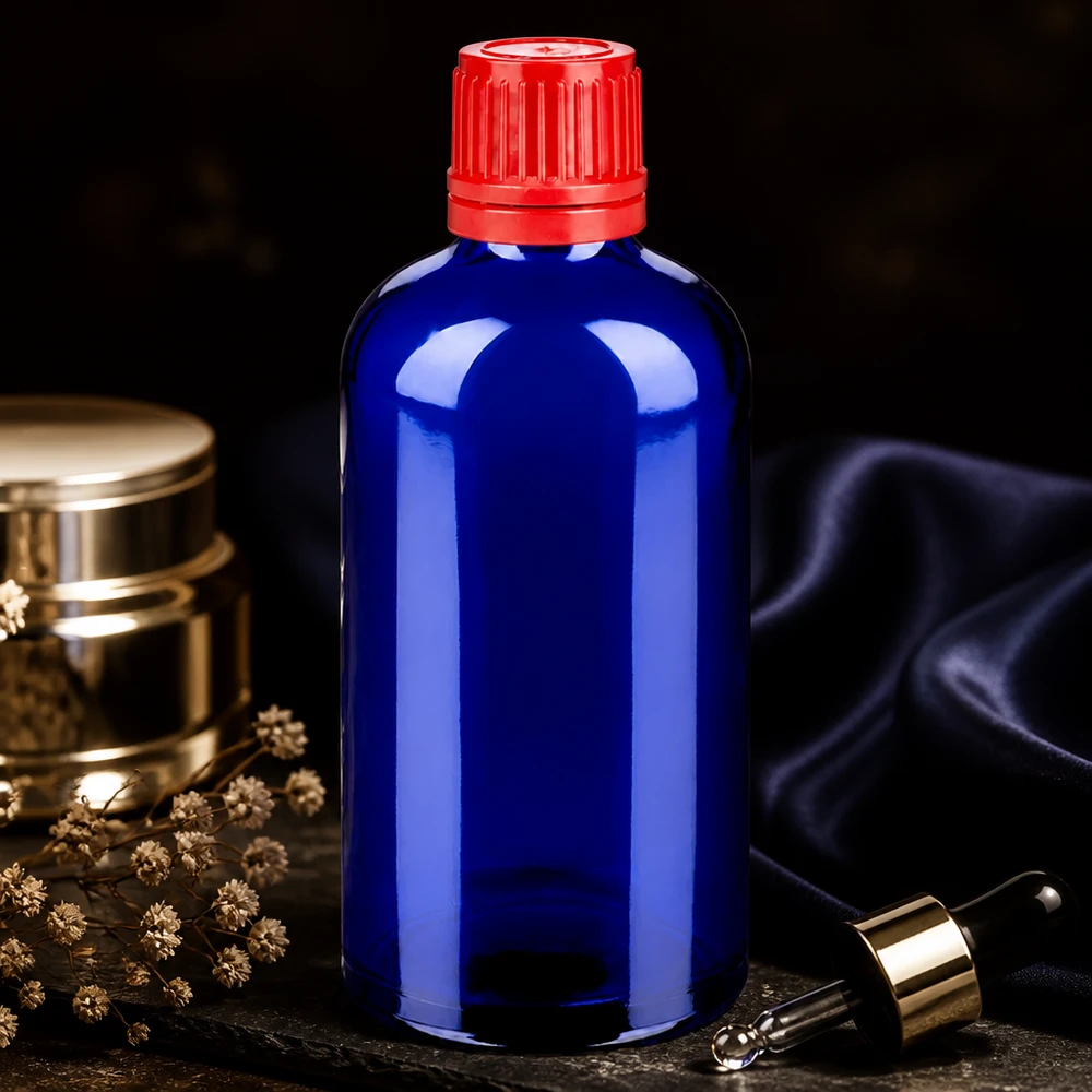 Flacon 100ml 11mm SV rouge OV BlueLine UT18/100 Bouteille médicale compacte de 100 ml en verre anti-UV avec bouchon à vis rouge sécurisé