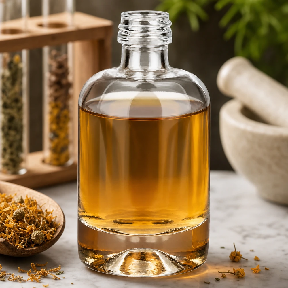 Flacon en verre 40 ml « Sara » sans bouchon à vis UNiTWIST® Flacon en verre Sara de 40 ml contenant un liquide jaune doré dans une ambiance d'herbes naturelles avec mortier et fleurs séchées