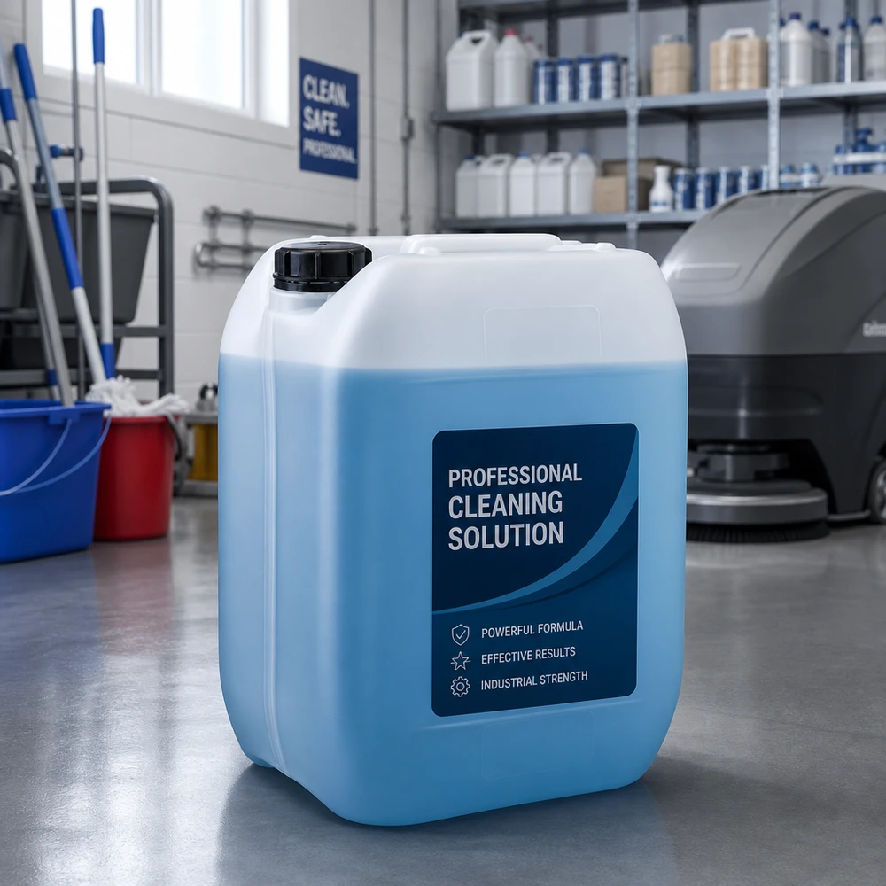 Bidon professionnel de 10 litres contenant une solution de nettoyage bleue destinée au nettoyage industriel des sols