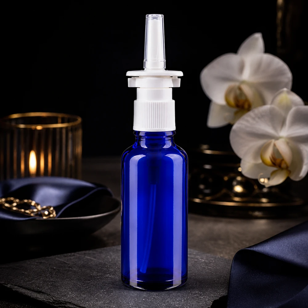 Flacon compact de spray nasal de 30 ml, bleu cobalt, avec embout transparent en verre de pharmacie