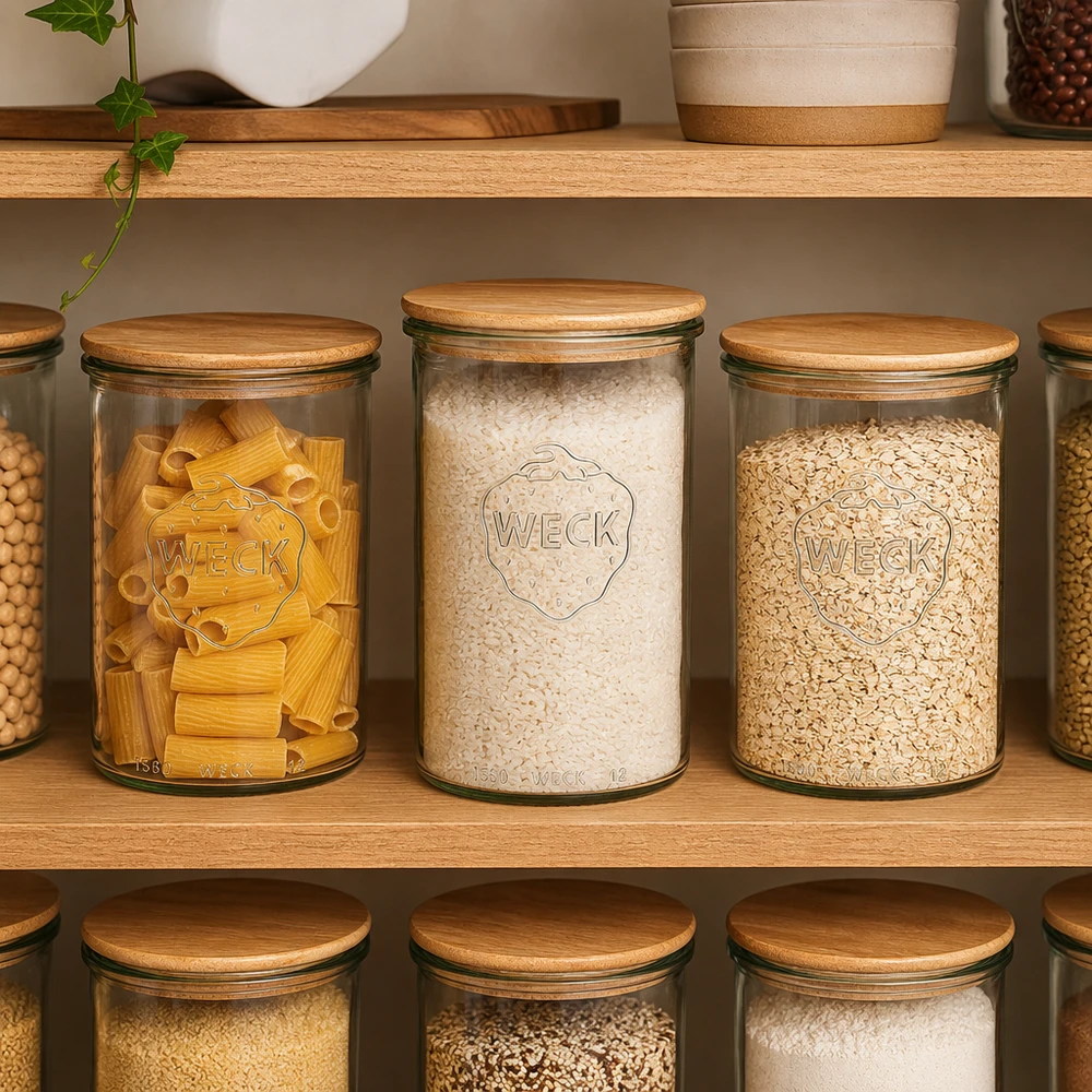 WECK Bocaux 1000ml avec couvercle en bois comme boîtes de conservation pour pâtes riz et flocons d'avoine dans une cuisine organisée