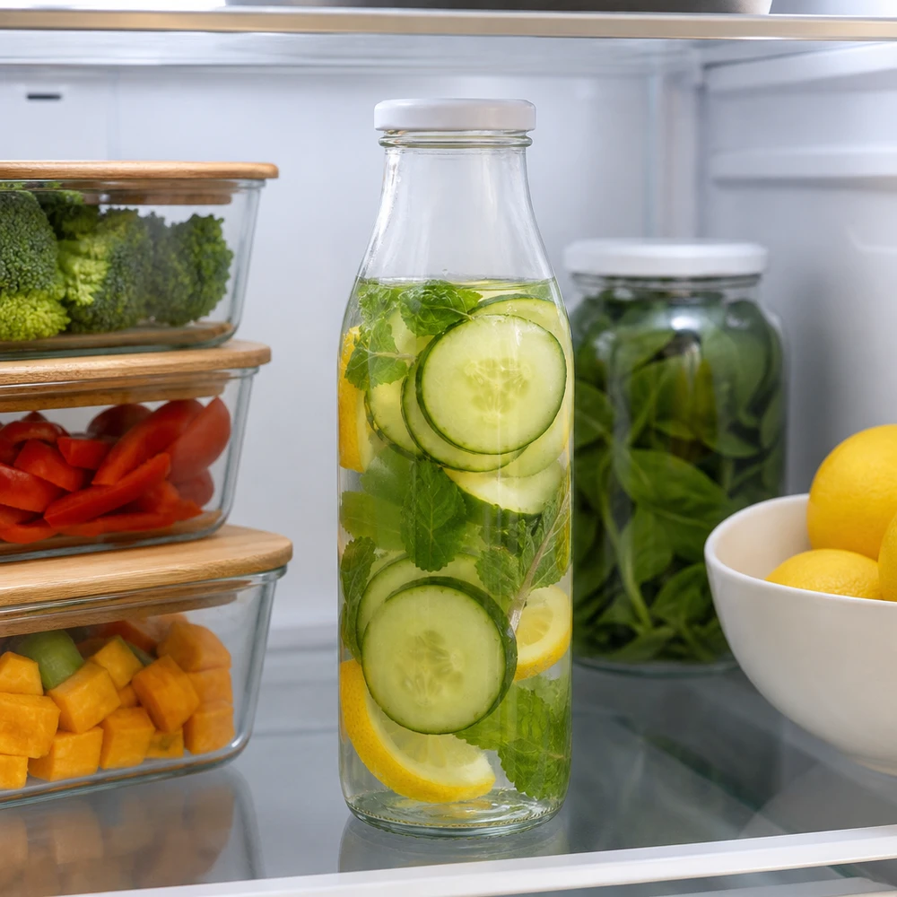 500ml Bouteille avec couvercle BasicSeal blanc UNiTWIST Bouteille en verre de 500 ml avec couvercle blanc remplie d'eau au concombre, au citron et à la menthe conservée au réfrigérateur