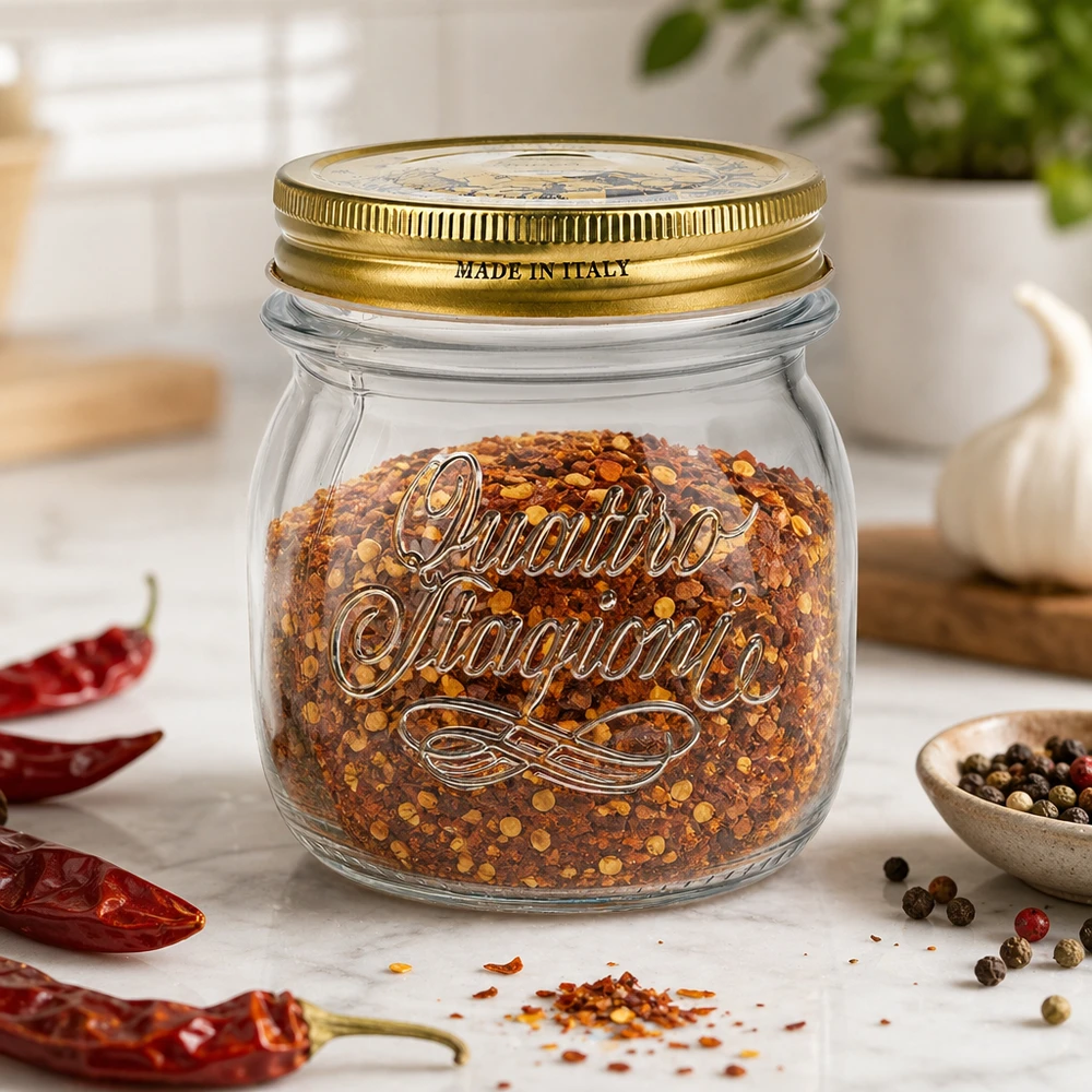 Verre rond 250ml « Quattro Stagioni » avec couvercle 250ml Quattro Stagioni Bocal rond avec couvercle doré rempli de mélange d'épices au piment sur plan de travail de cuisine