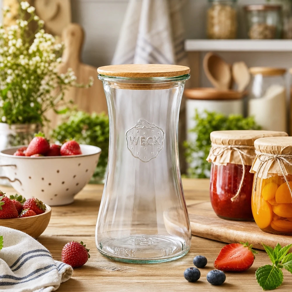 WECK Einmachglas 100ml mit Bambusdeckel in rustikaler Küche, umgeben von frischen Erdbeeren und selbstgemachter Marmelad