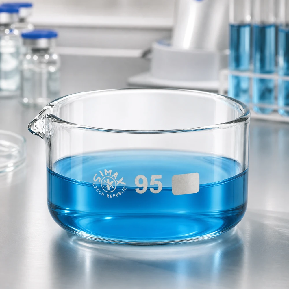 Coupelle de cristallisation 300 ml avec bec verseur Coupelle de cristallisation de 300 ml remplie d'une solution bleue, coupelle en verre de 95 mm de diamètre, matériel de laboratoire tchèque