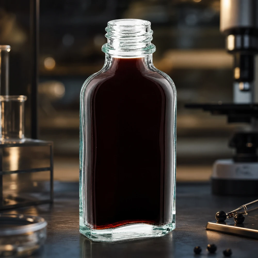 Flasque transparente de 50 ml au goulot DIN 22 Bouteille en verre remplie de 50 ml de Meplatform contenant un extrait brun foncé, dans un environnement de laboratoire