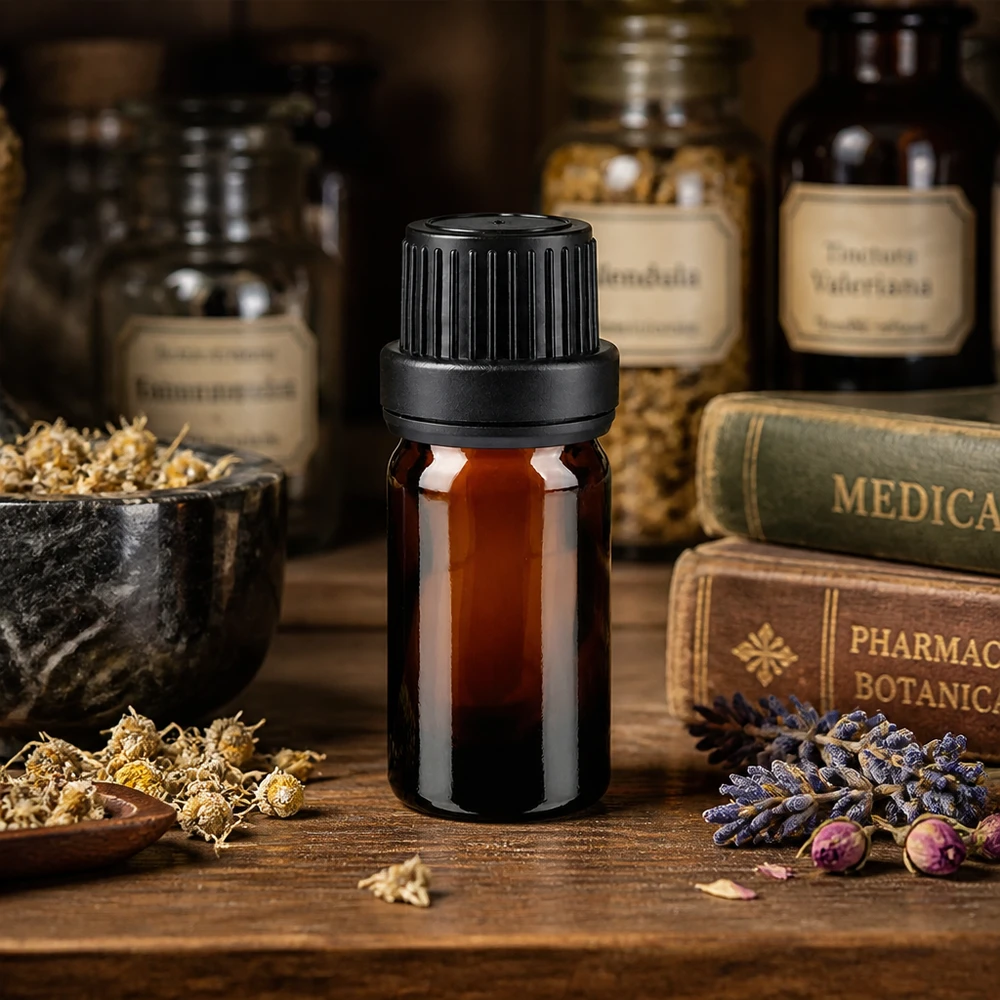 Flacon de pharmacie brun 5ml bouchon vissable noir étanche bouchon d'inviolabilité Petit flacon marron de 5 ml avec un bouchon SV OV noir de 11 mm, entouré de lavande et de fleurs séchées