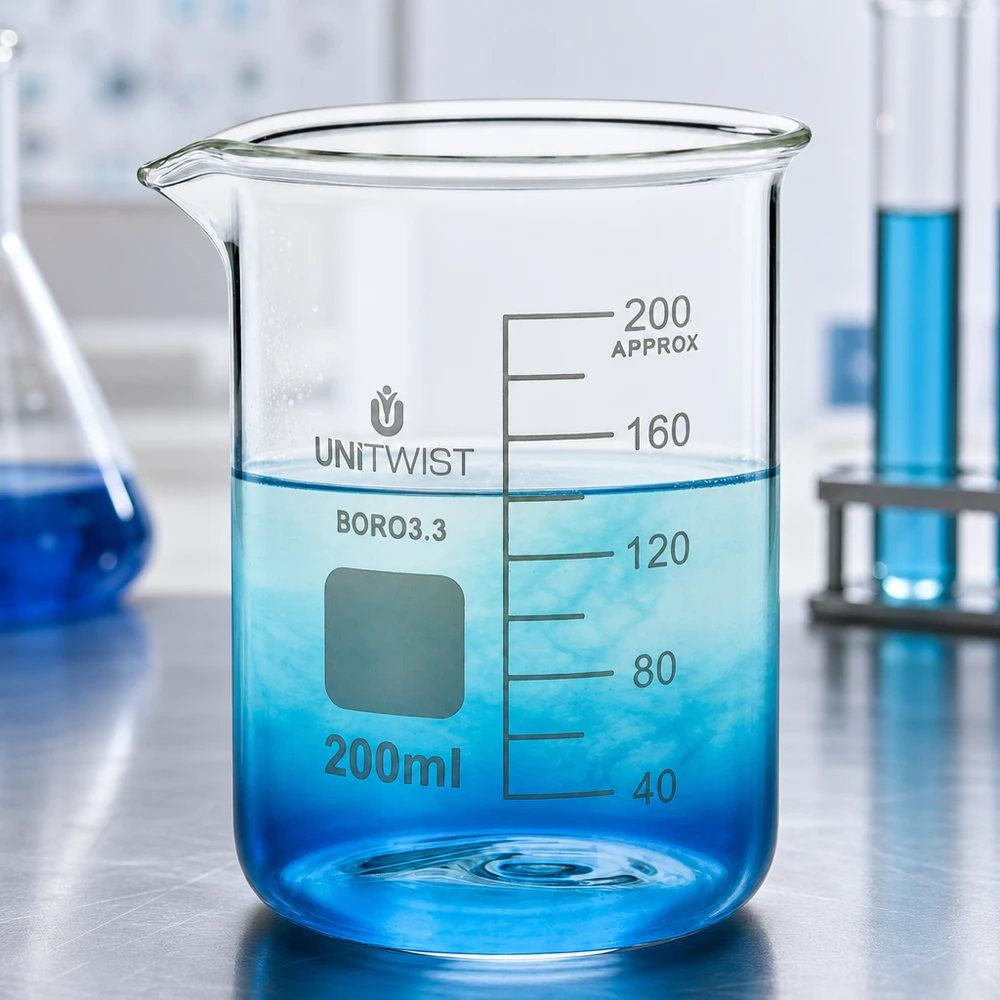 Bécher 200ml borosilicate, forme basse UNiTWIST UNiTWIST, bécher en verre borosilicaté de 200 ml, forme basse, avec bec verseur et graduation de 40 à 200 ml