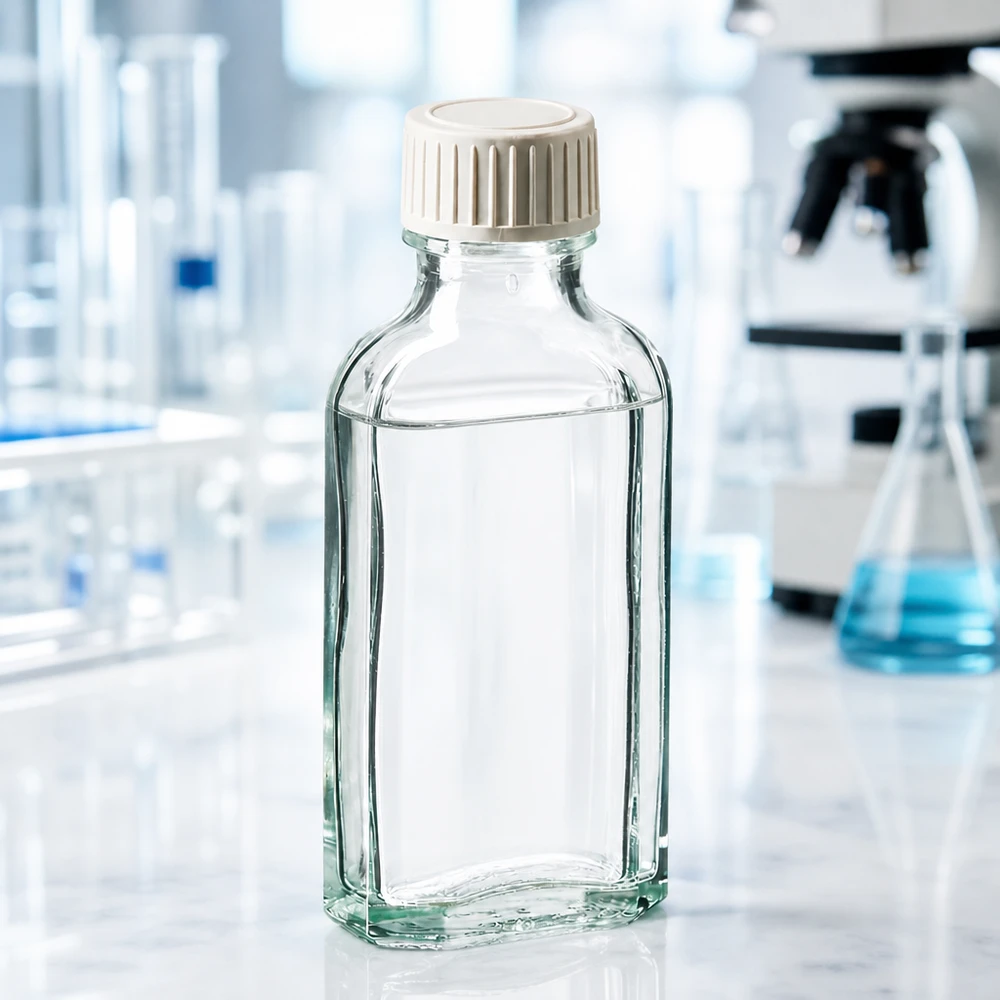 Flacon en verre transparent de 50 ml, forme plate « Meplat », avec bouchon intégrant une mousse de polyéthylène