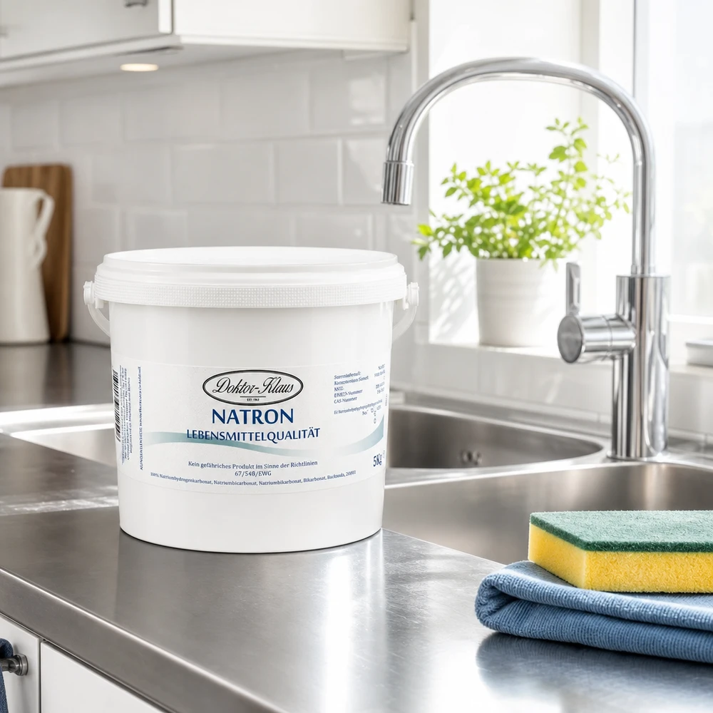 Bicarbonate de soude Doktor Klaus, seau de 5 kg, apte à l’utilisation alimentaire Bicarbonate de soude Docteur Klaus seau de 5kg à côté du torchon et de l'éponge sur l'évier en inox dans une cuisine claire