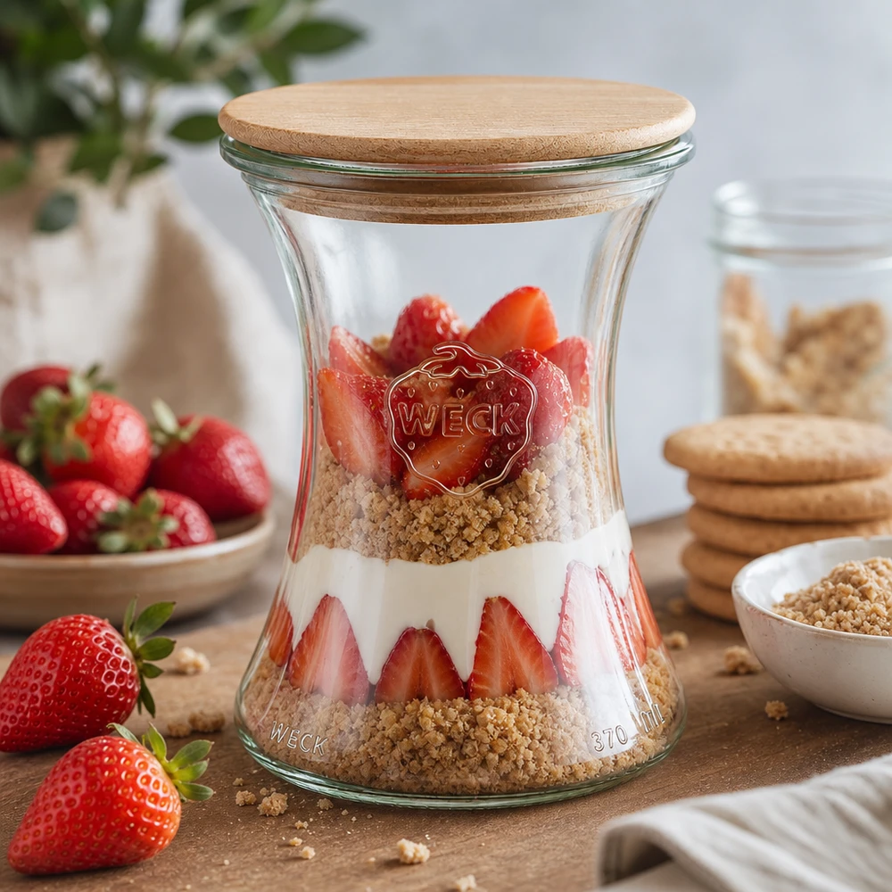 WECK Pot de délicatesse 370ml RR80 avec couvercle en bois rempli de fraises Granola et de yaourt comme dessert en couches