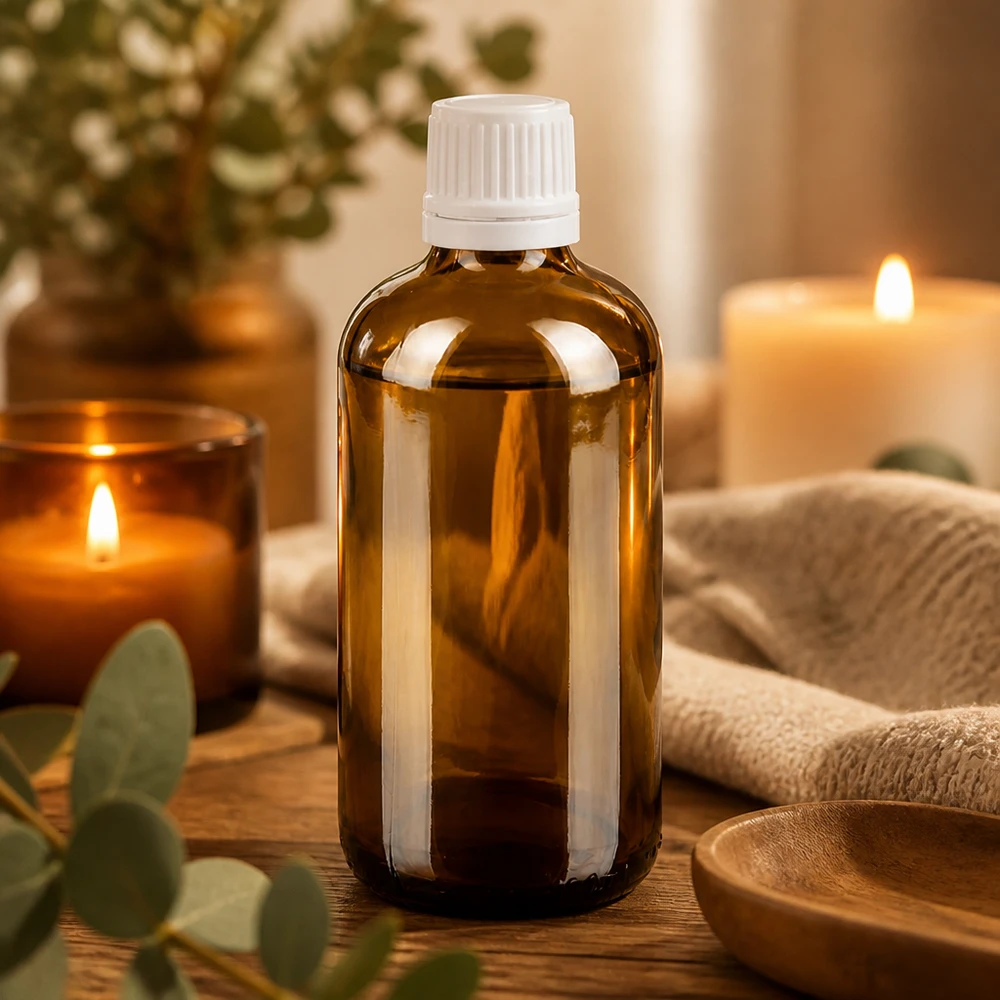 Flacon de pharmacie brun 100ml bouchon vissable blanc bouchon inviolabilité Flacon cylindrique en verre ambré de 100 ml muni d'un bouchon compte-gouttes blanc, dans une ambiance spa détendue