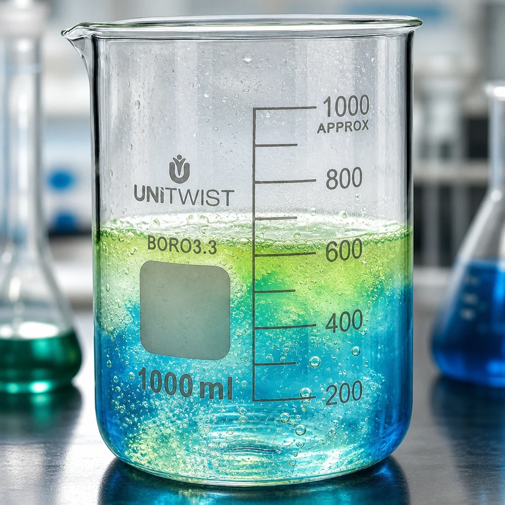 Bécher en verre borosilicaté de 1 000 ml, de forme basse, avec zone d'inscription et graduation jusqu'à 1 000 ml (environ)