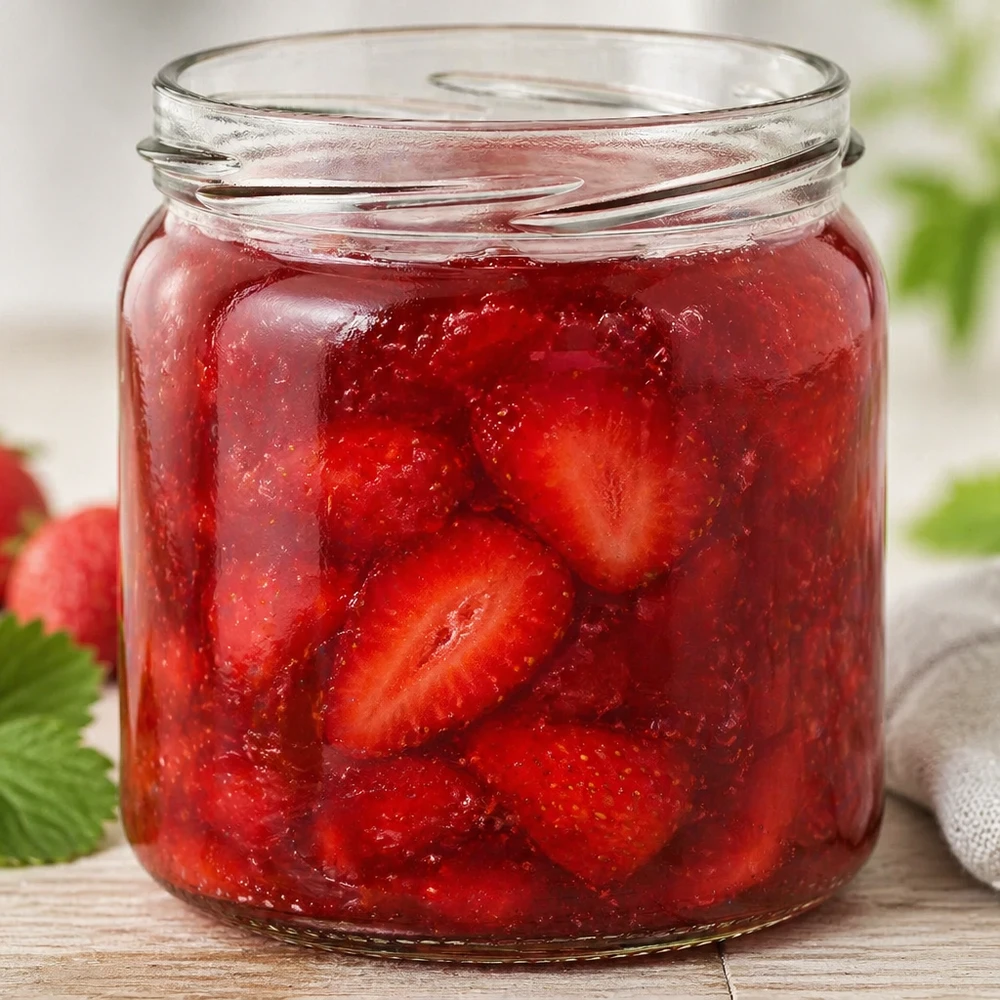 408ml Verre rond sans couvercle (TO82) UNiTWIST UNiTWIST Runda408 Pot rond 408ml rempli de confiture de fraises maison montre une utilisation pratique comme pot de conservation