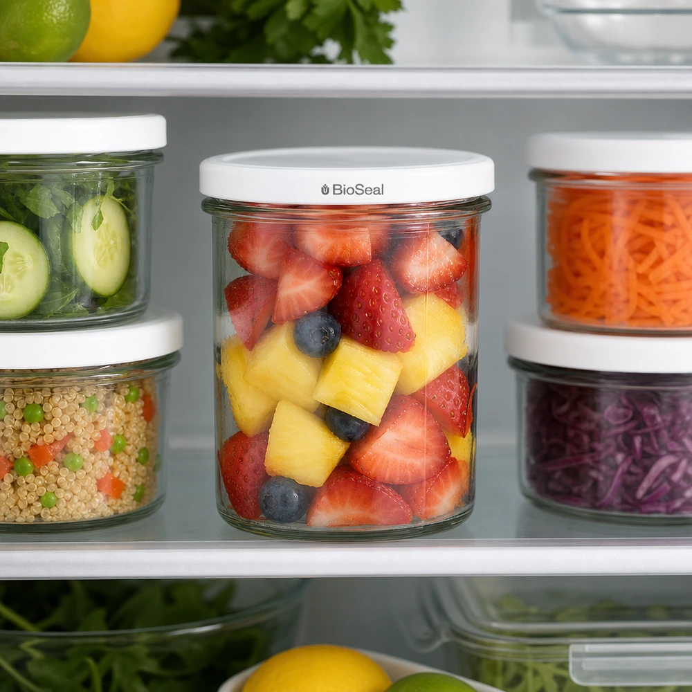 350ml Verre conique avec couvercle BioSeal blanc UNiTWIST UNiTWIST Sturz350 dans le réfrigérateur rempli de salade de fruits montre une conservation optimale de la fraîcheur grâce au couvercle TO82 BioSeal
