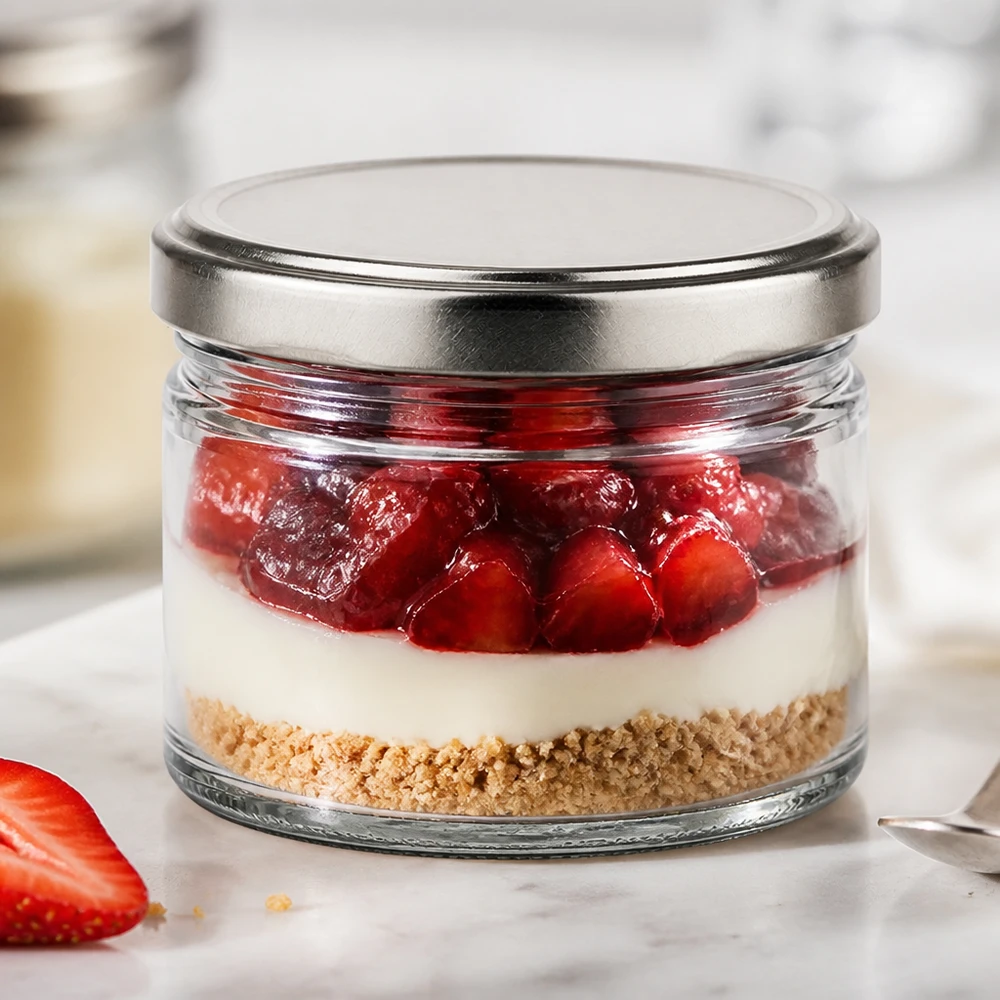 Verre rond de 540ml avec couvercle argenté comme verre à dessert pour le cheesecake aux fraises dans un verre, dessert en couches