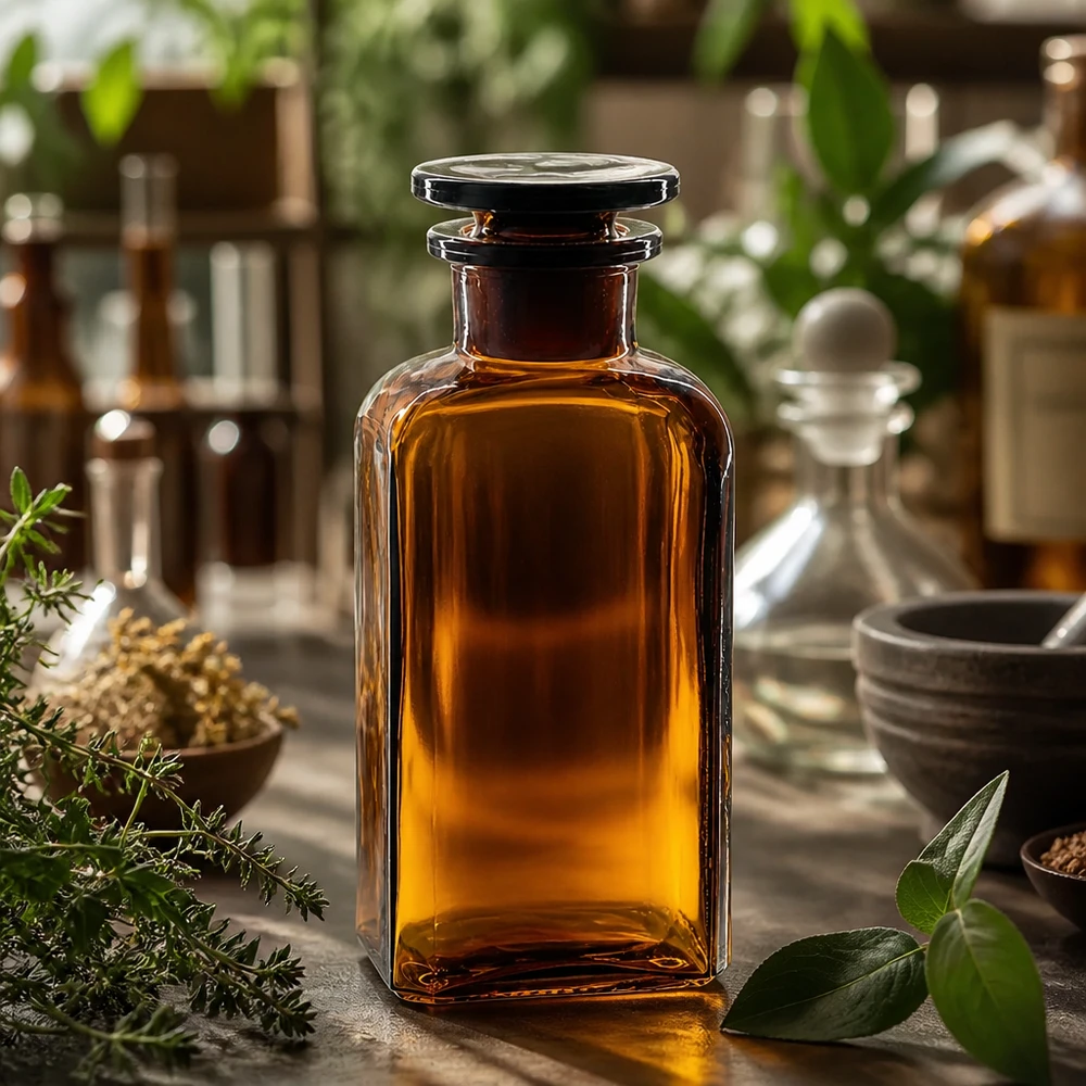 Flacon carré col large 250 ml + bouchon RIN, verre ambré Bouteille de conservation de 250 ml en verre ambré, de forme carrée, avec bouchon en verre, pour herbes et teintures