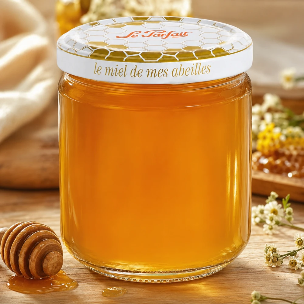Le Parfait® pot miel 212 ml Ø63 mm Le Parfait 212ml Honey Pot de réserve rempli de miel doré à côté de la cuillère à miel et de la camomille sur une table en bois