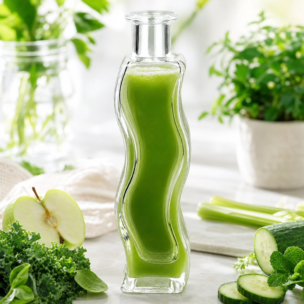Bouteille en verre Melissa de 100 ml remplie de smoothie vert entourée de légumes pomme concombre et d'herbes sur une table en bois blanc