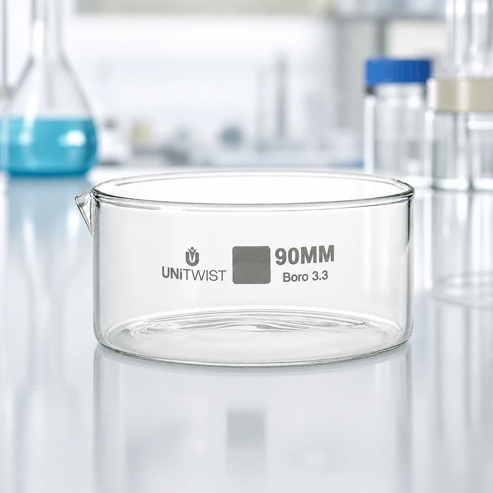 Cristallisoir ø90mm verre borosilicaté UNiTWIST Petit bol cylindrique en verre de 90 mm de diamètre, en verre borosilicaté UNiTWIST, avec du matériel de laboratoire en arrière-plan