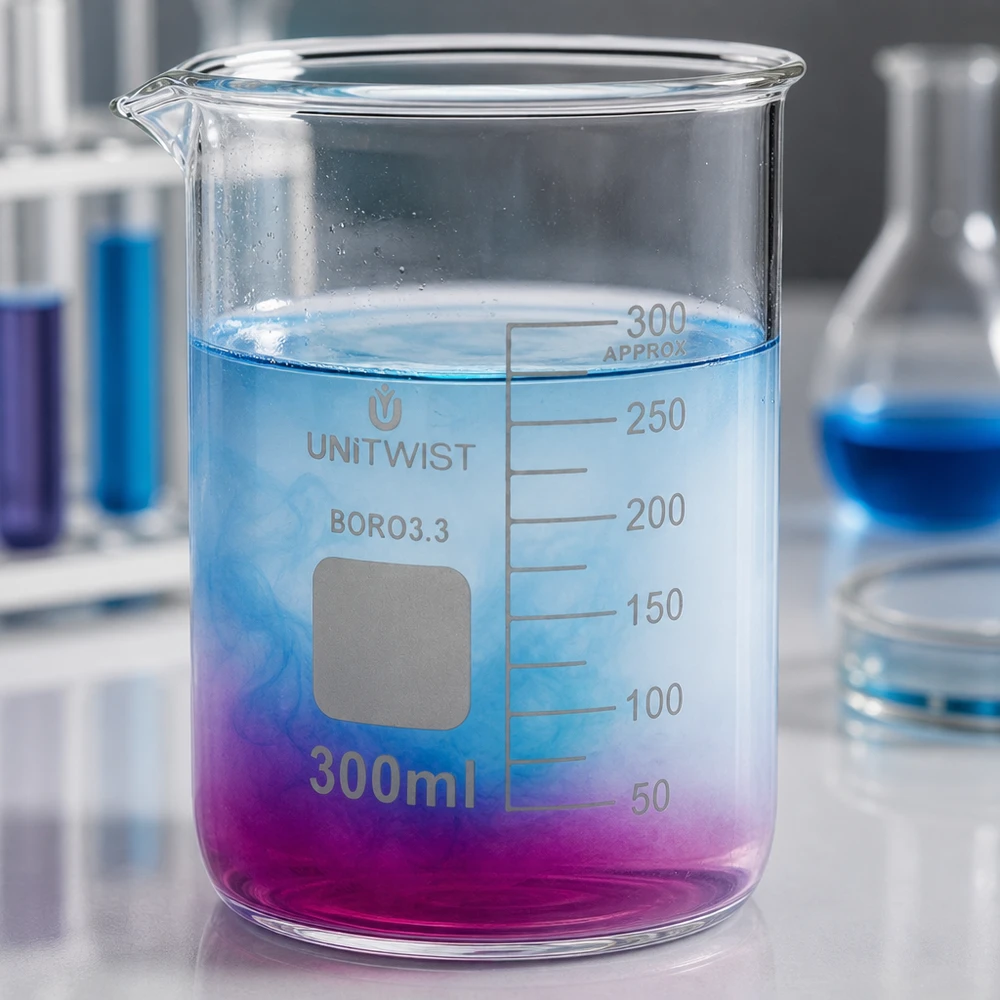 Bécher 300ml borosilicate, forme basse UNiTWIST Bécher en verre résistant à la chaleur de 300 ml, muni d'un bec verseur et d'une graduation en millilitres, destiné à une utilisation en laboratoire