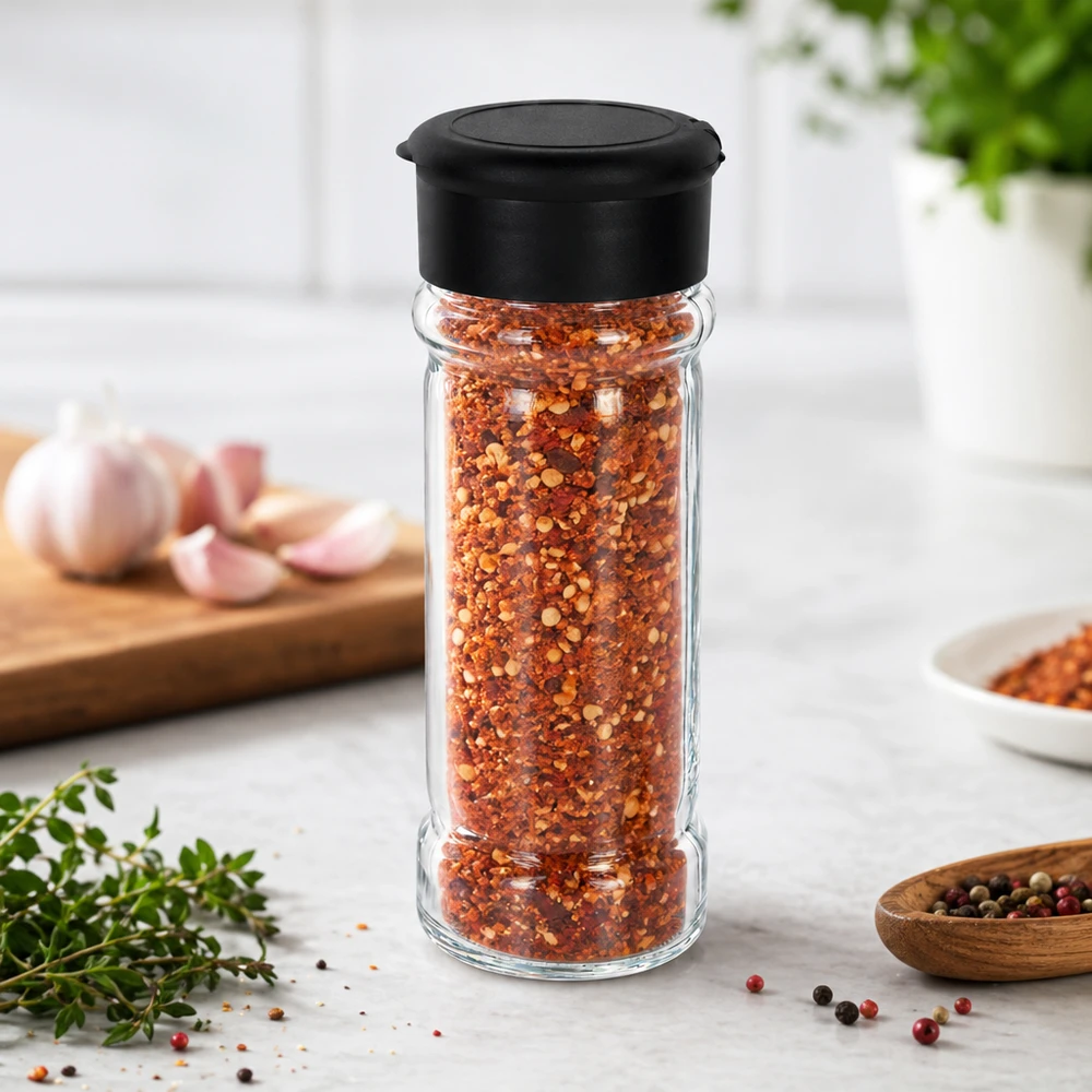 Pot à sel/épices 100 ml avec saupoudreuse, noir Salière compacte en verre de 100 ml, remplie de piment en poudre et dotée d'un bouchon en plastique noir