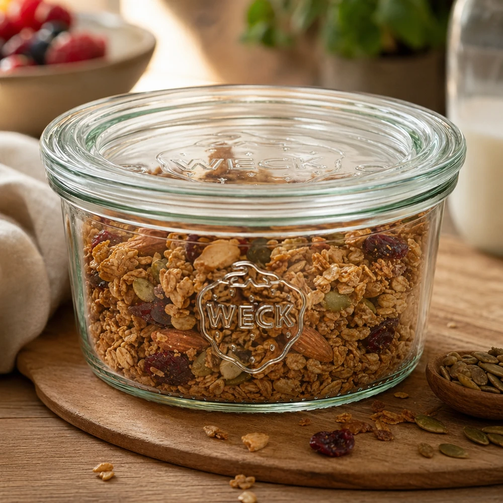 165ml bocal conique avec bouchon en verre WECK RR80 WECK Pot renversé 165ml RR80 rempli de céréales et de fruits secs sur une planche en bois ronde montre la conservation parfaite des provisions