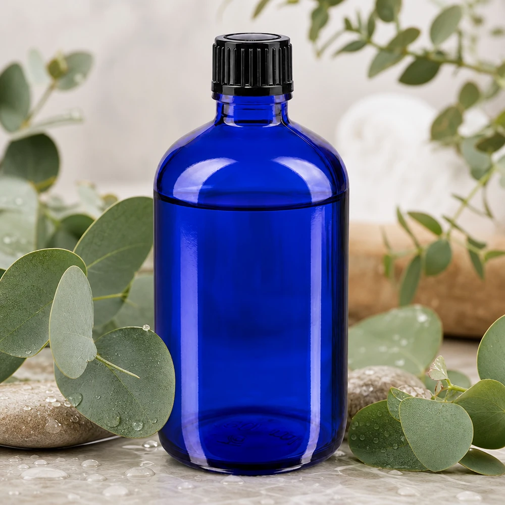 Flacon de pharmacie bleu ApoGlas de 100 ml avec bouchon compte-gouttes de 1 mm pour les cosmétiques naturels et les huiles de soin