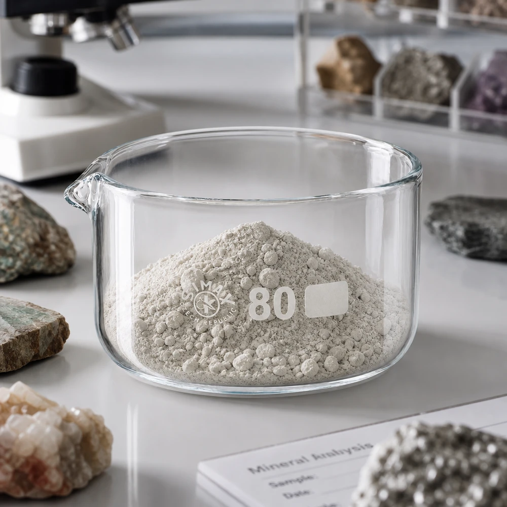Coupelle plate en verre borosilicaté de 80 mm de diamètre contenant de la poudre de roche fine, utilisée pour l'analyse minérale en laboratoire