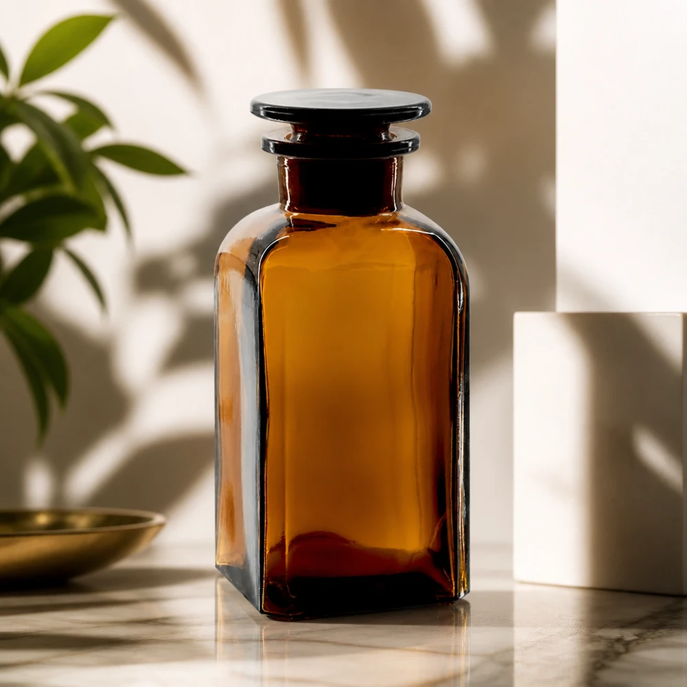 Flacon carré col large 350 ml + bouchon RIN, verre ambré Flacon de pharmacie carré de 350 ml, de couleur ambrée, muni d'un bouchon en verre, sur fond clair