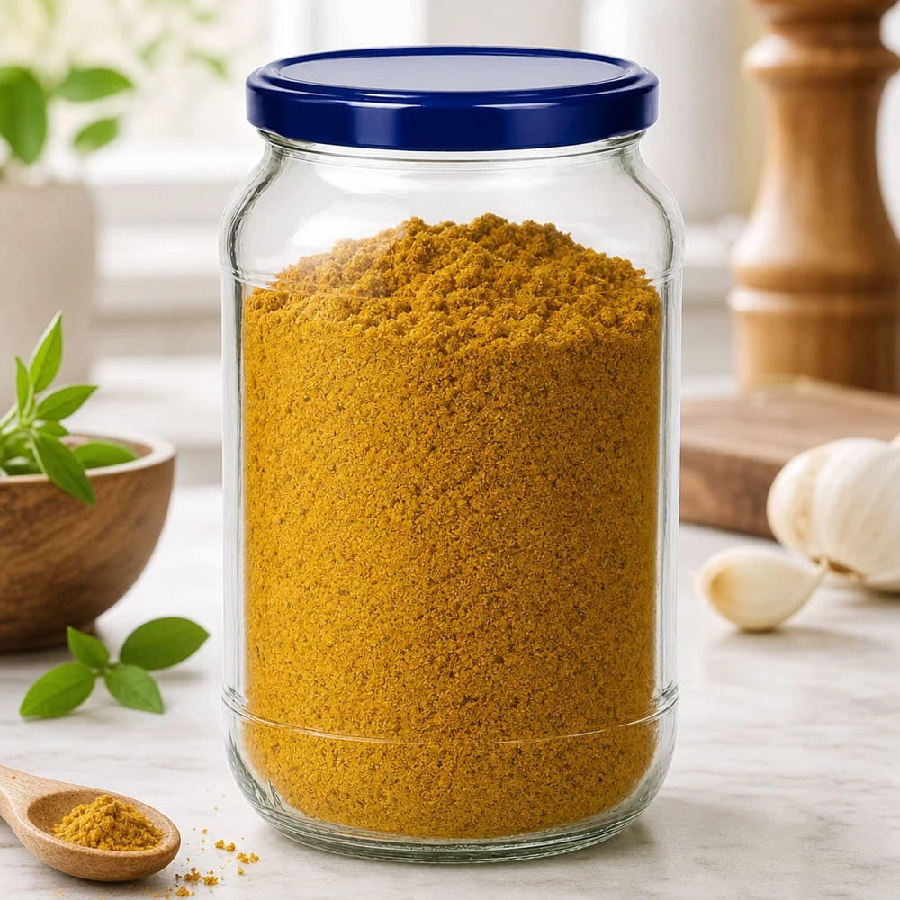 1062ml verre rond BasicSeal couvercle bleu UNiTWIST rempli de poudre d'épices au curry Scène de cuisine boîte à épices