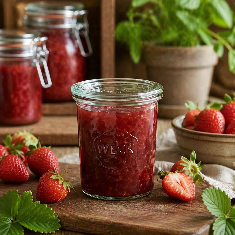 Bocal en verre de 160 ml avec couvercle en verre WECK RR60 WECK Pot renversé RR60 160ml rempli de confiture de fraises maison, entouré de fraises fraîches sur une table en bois