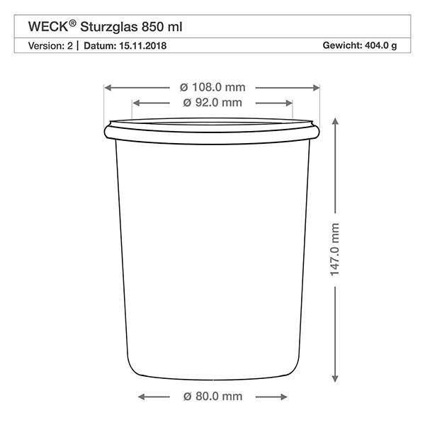 850ml bocal conique WECK RR100 avec boule en bois en hêtre WECK Verre renversé 850ml RR100 Dessin technique Dimensions Dimensions 108mm Diamètre 147mm Hauteur Spécification du produit