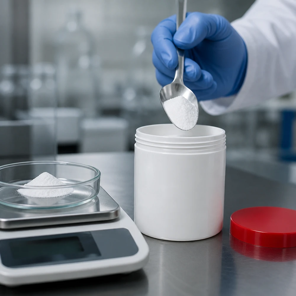 Pot en plastique blanc de 10 g avec couvercle en PP rouge, utilisé pour un remplissage précis dans un laboratoire en salle blanche