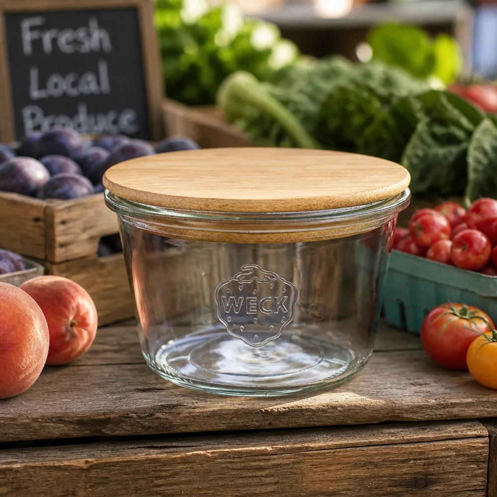WECK RR100 Pot renversé 370ml avec couvercle en bambou sur table en bois entouré de fruits et légumes frais du marché