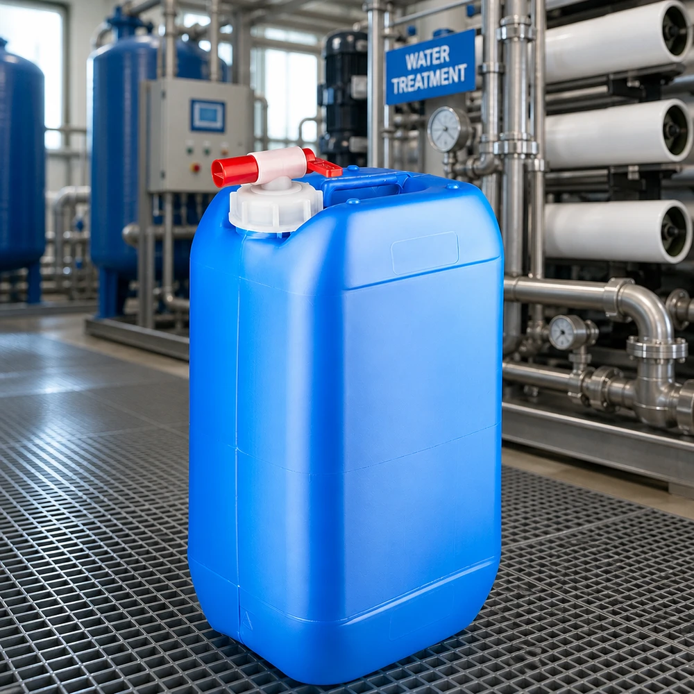Bidon empilable de 15 litres, bleu, muni d'un robinet à soupape, destiné aux produits chimiques et aux consommables