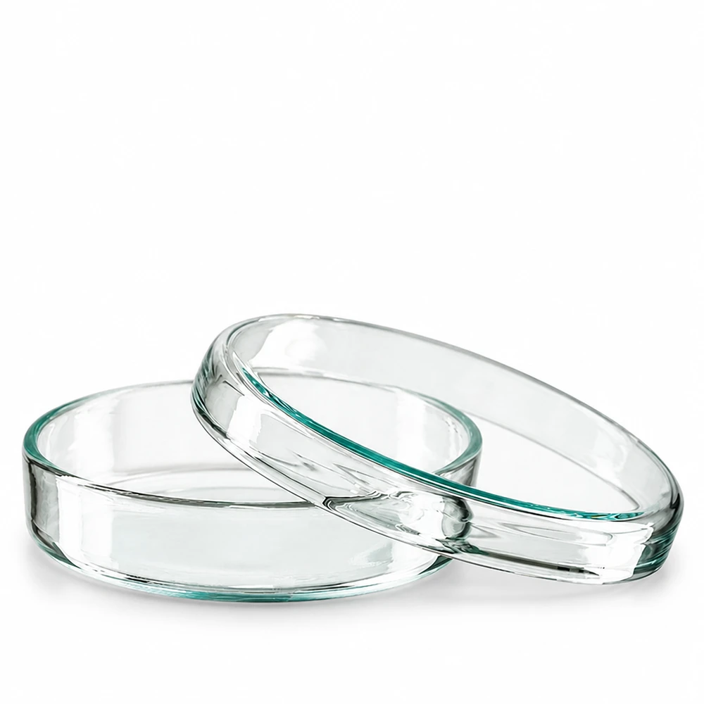 Boîte de Petri en verre 70x15 mm Deux boîtes de Pétri rondes en verre de 70 x 15 mm empilées l'une sur l'autre