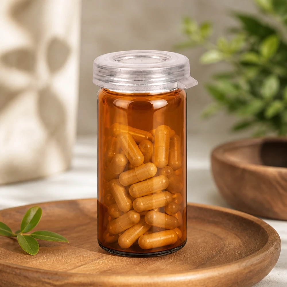 Pot à comprimés 5 ml en verre clair, avec bouchon à déclic Flacon de pharmacie en verre brun de 5 ml rempli de gélules à base de plantes, posé sur une assiette en bois rustique