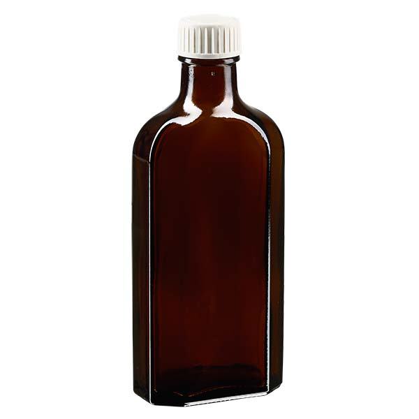 Flasque brune de 150 ml au goulot DIN 22, avec bouchon à vis DIN 22 blanc en PP avec joint mousse en PE Flasque brune de 150 ml au goulot DIN 22, avec bouchon à vis DIN 22 blanc en PP avec joint mousse en PE