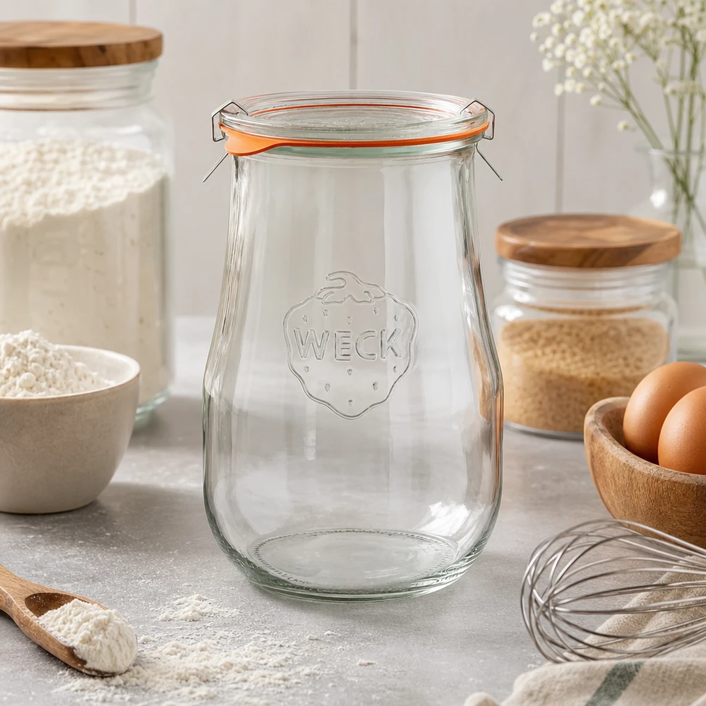 WECK Pot tulipe 1750ml RR100 dans une cuisine moderne avec des ingrédients pour la pâtisserie et des œufs montre l'utilisation pour la pâtisserie et la cuisine