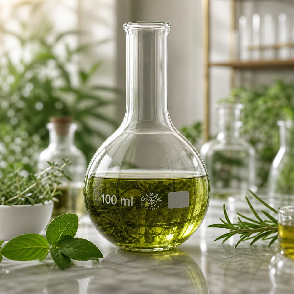 Ballon à fond plat 100 ml à col étroit, en verre borosilicate avec bord renforcé Fioles jaugées 100ml à col étroit contenant des substances organiques pour le travail de développement pharmaceutique